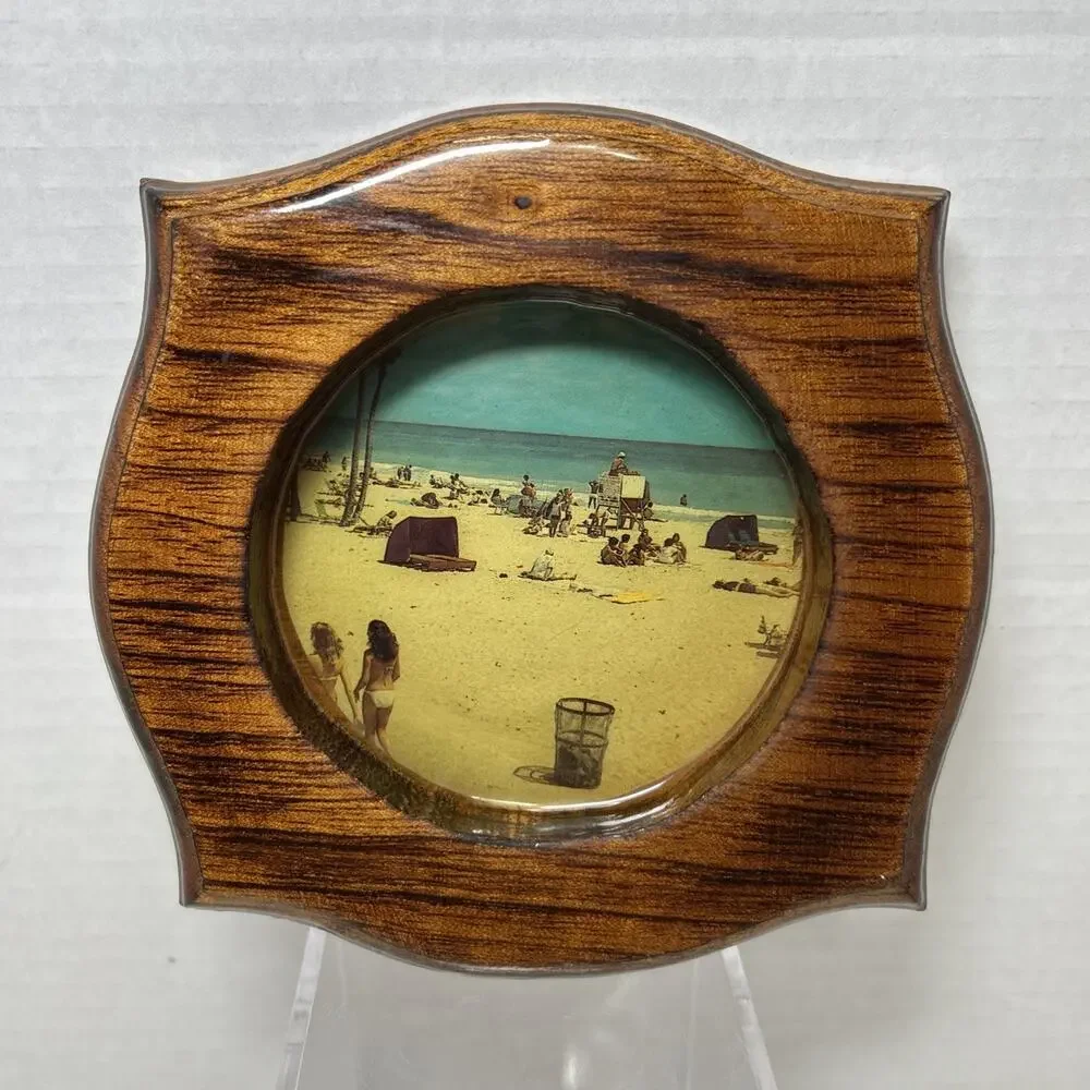 Belize Art Creations Wood Wall Plaque 1970s Island Beach Scene Print Porthole
